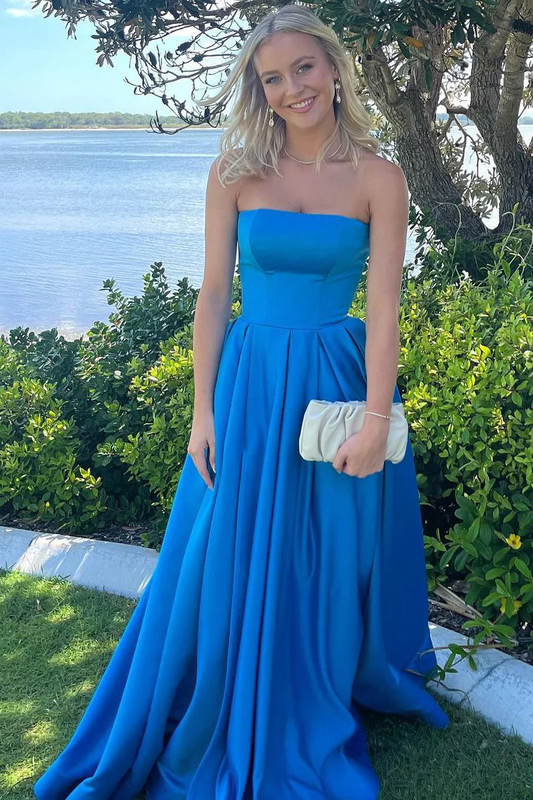 A-Line Strapless Blue Satin Long Prom Dresses