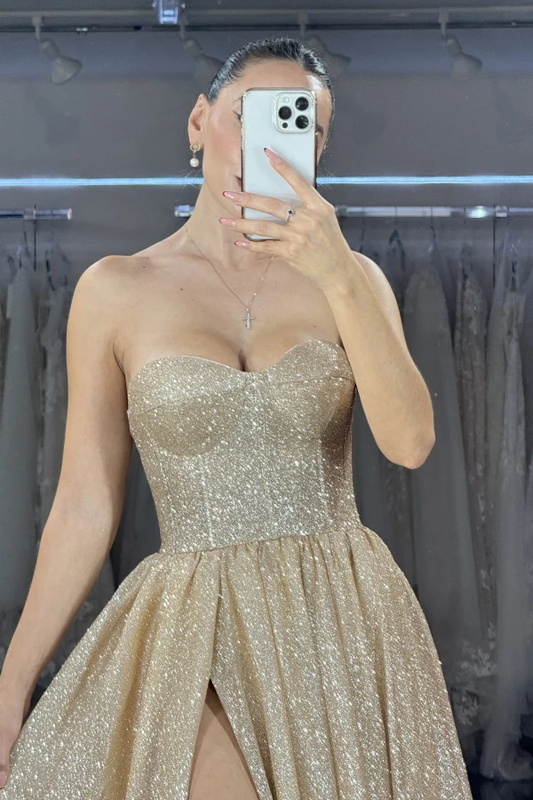 A-Line Strapless Gold Glitter Prom Dress with High Side Slit and Train