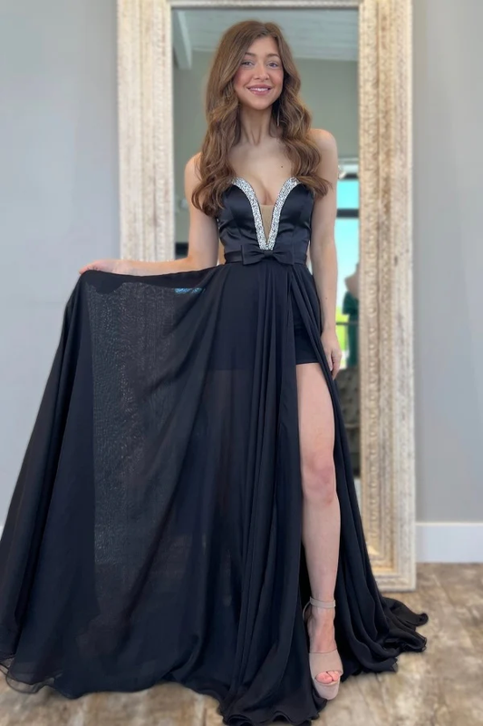 A-Line Strapless Sleeveless Beaded Crystal Chiffon Bow Knot High Side Slit and Train Prom Dress Evening Formal Gown