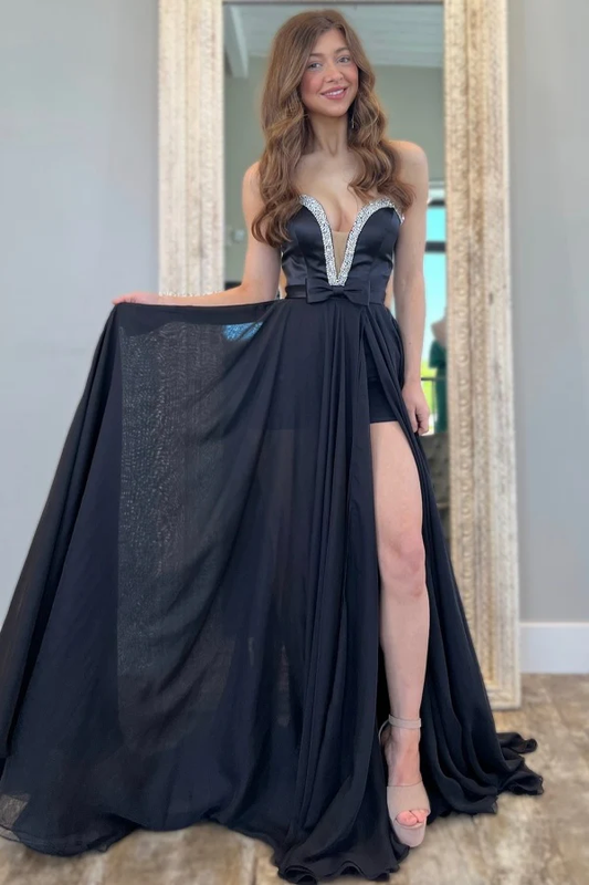 A-Line Strapless Sleeveless Beaded Crystal Chiffon Bow Knot High Side Slit and Train Prom Dress Evening Formal Gown