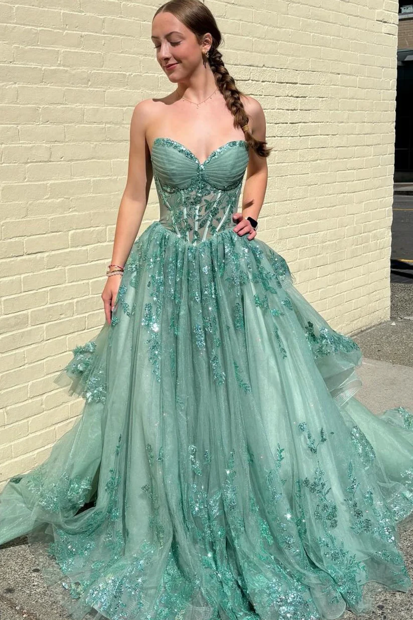 A-Line Strapless Sleeveless Pleated Appliques Tiered Green Prom Dress
