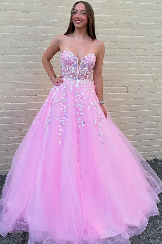 A-Line Strapless Sleeveless Pleated Sequins Appliques Pink Tulle Prom Dress