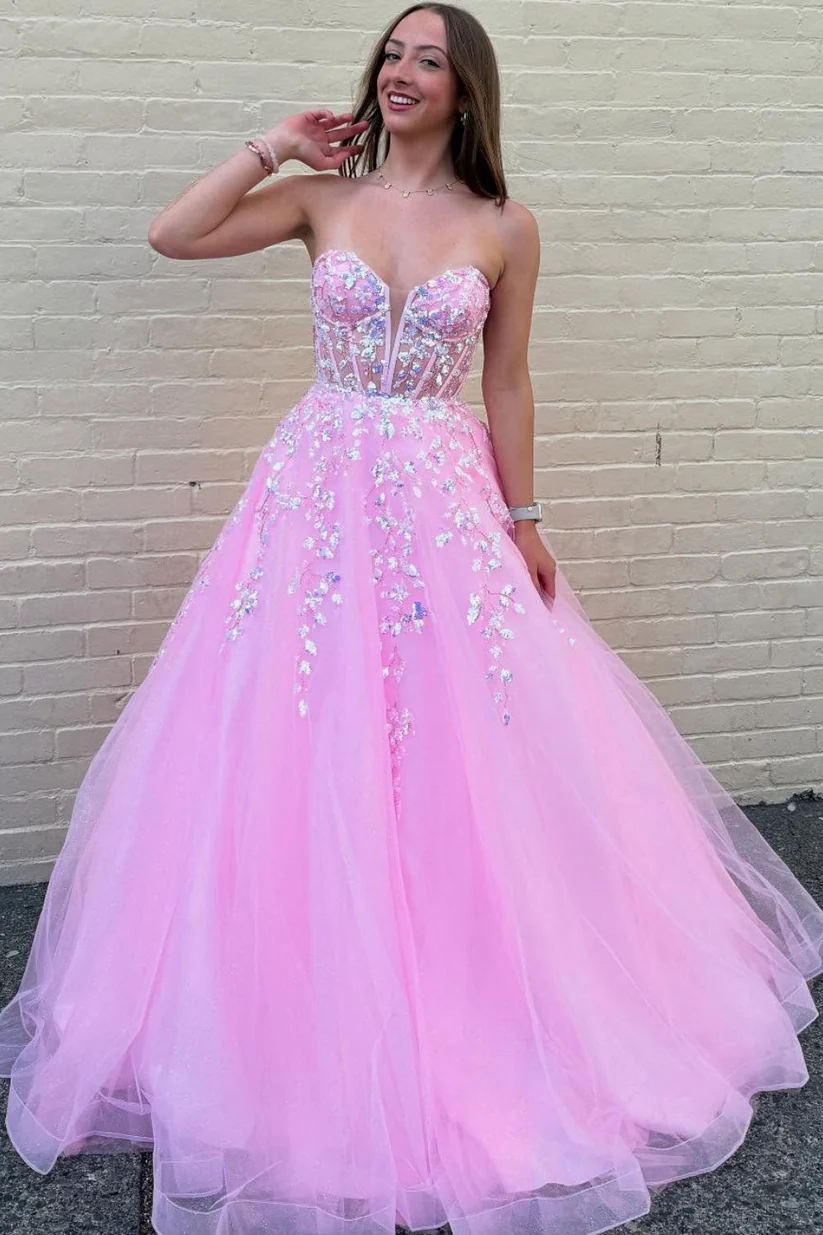 A-Line Strapless Sleeveless Pleated Sequins Appliques Pink Tulle Prom Dress