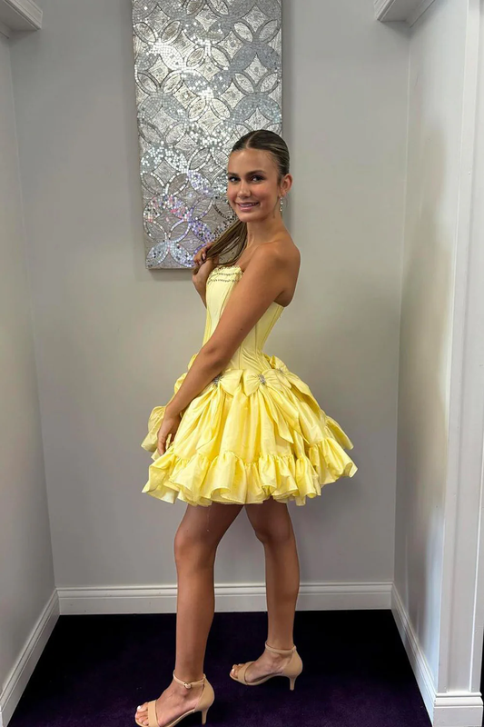 A-Line Strapless Yellow Satin Short Homecoming Dresses with Bows