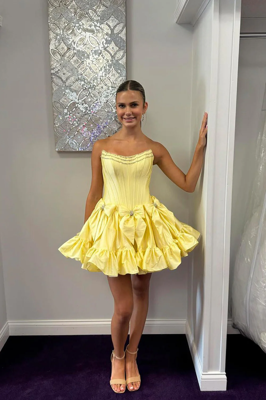 A-Line Strapless Yellow Satin Short Homecoming Dresses with Bows