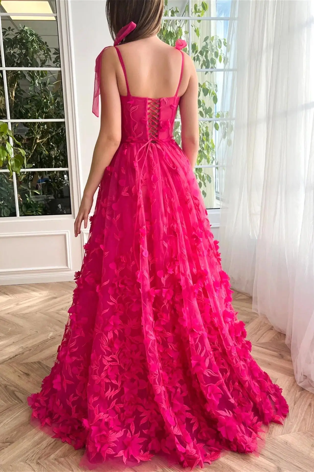 A-Line/Princess Spaghetti Straps Long Prom Floral Dresses With Split Side