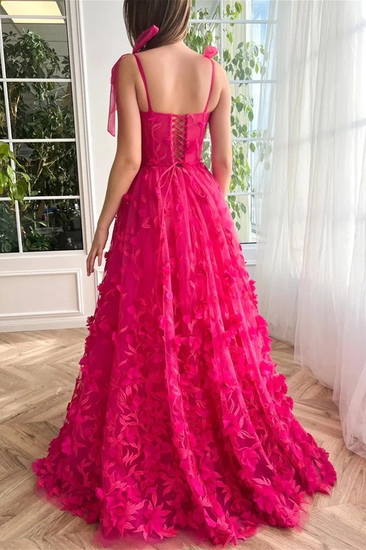 A-Line/Princess Spaghetti Straps Long Prom Floral Dresses With Split Side
