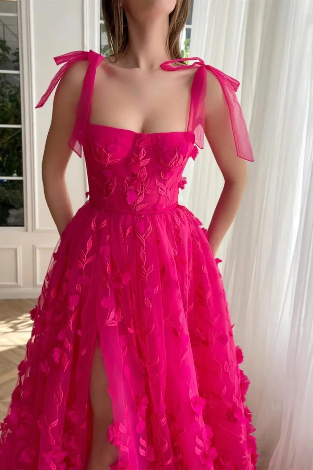 A-Line/Princess Spaghetti Straps Long Prom Floral Dresses With Split Side