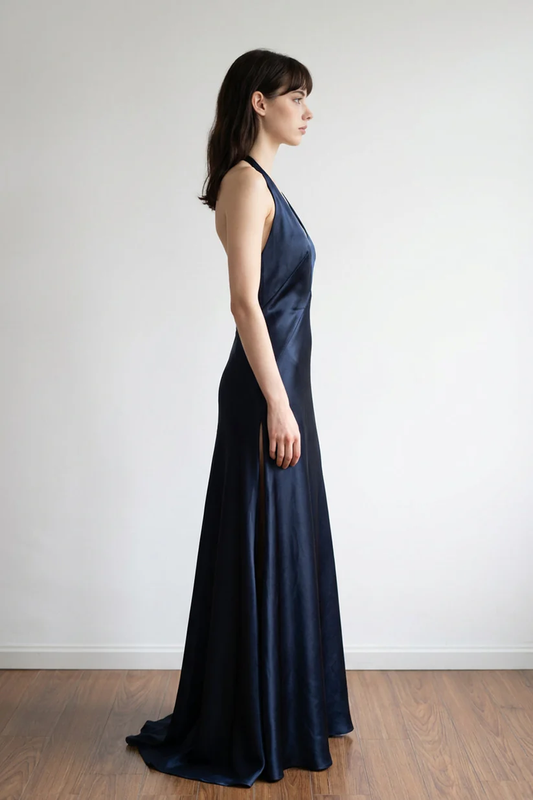 A-line Deep Halter V-neck Satin Navy Blue Prom Dress Formal Gown