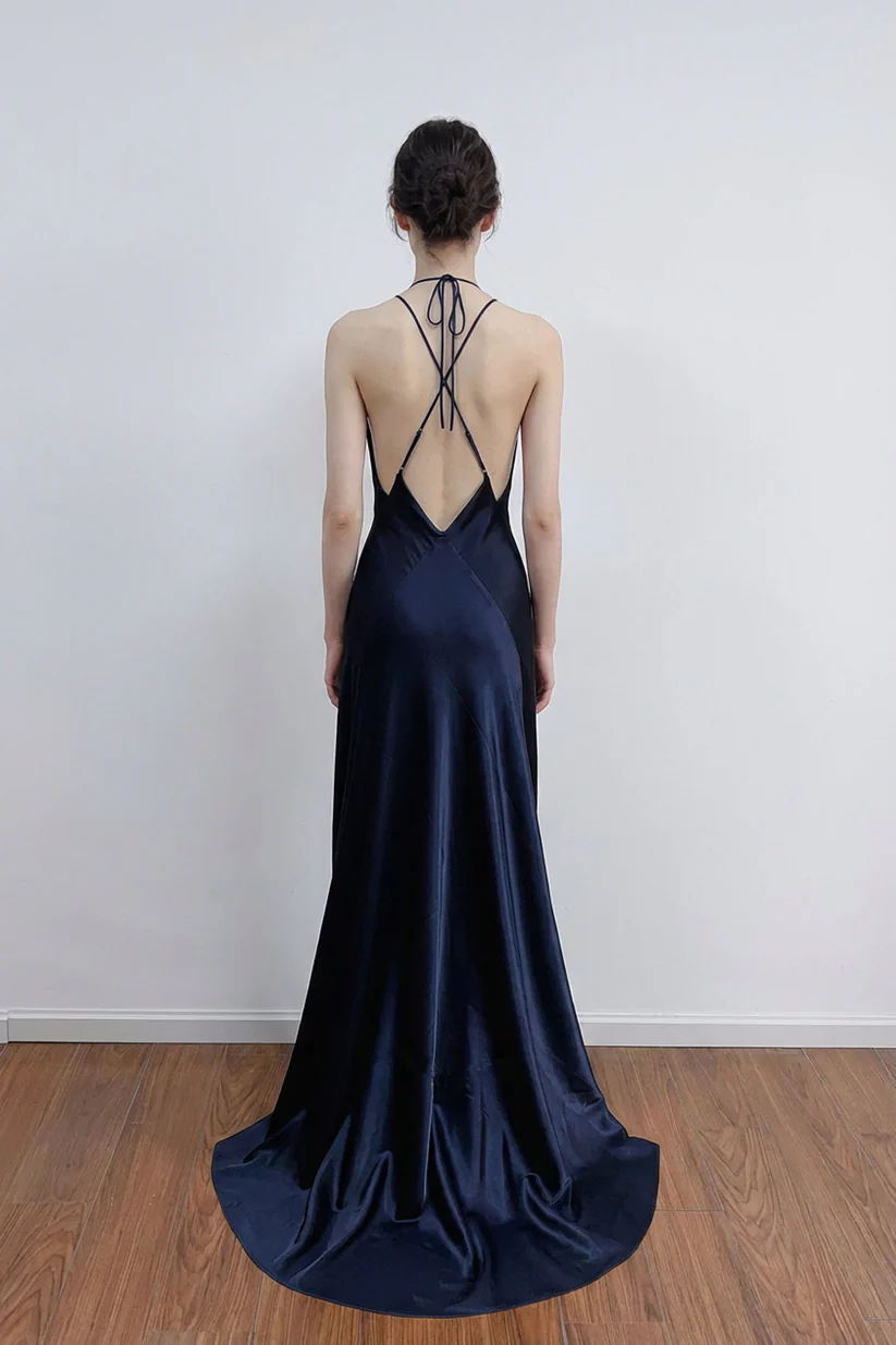 A-line Deep Halter V-neck Satin Navy Blue Prom Dress Formal Gown