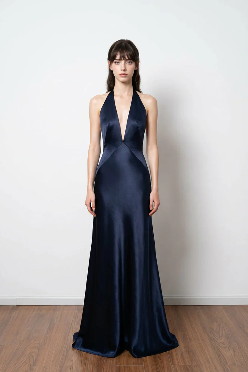 A-line Deep Halter V-neck Satin Navy Blue Prom Dress Formal Gown