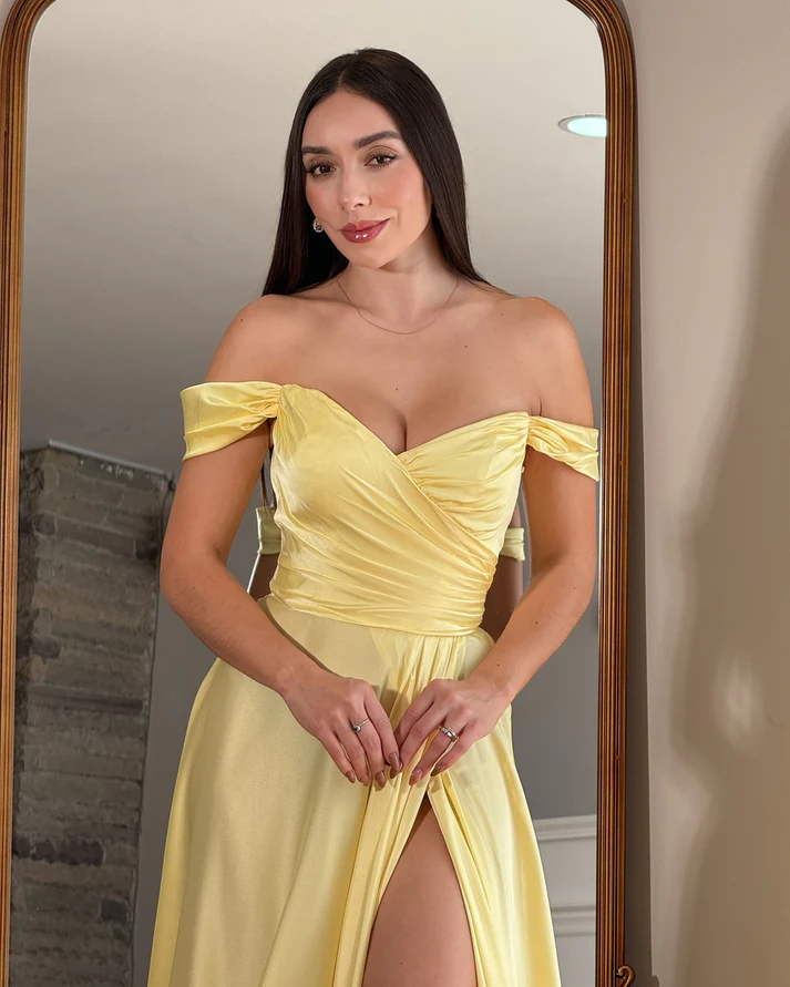 A Line Satin Corset Prom Dresses Long Off Shoulder Evening Formal Dress with Slit