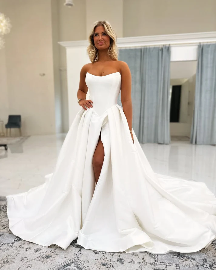 A Line Simple Satin Plus Size Bridal Wedding Dresses with Split