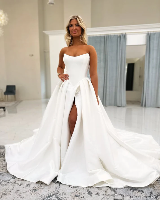 A Line Simple Satin Plus Size Bridal Wedding Dresses with Split