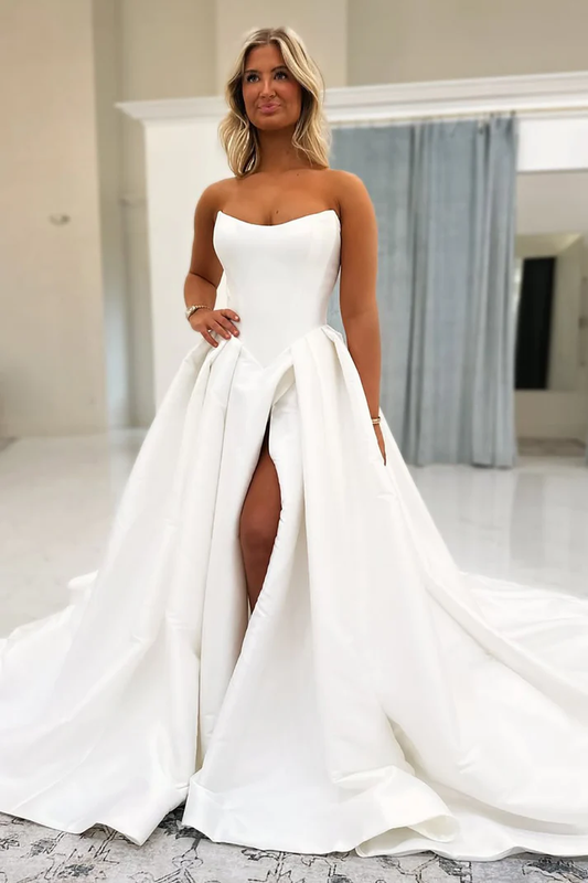 A Line Simple Satin Plus Size Bridal Wedding Dresses with Split