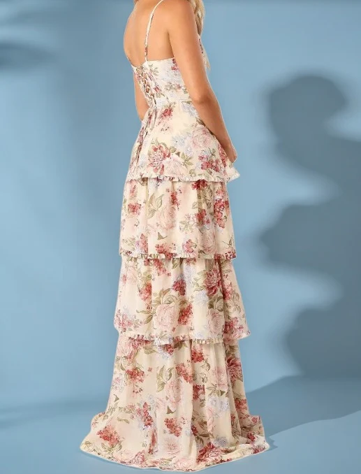 A Line Spaghetti Straps Floor Length Floral Evening Dress Chiffon Prom Dresses