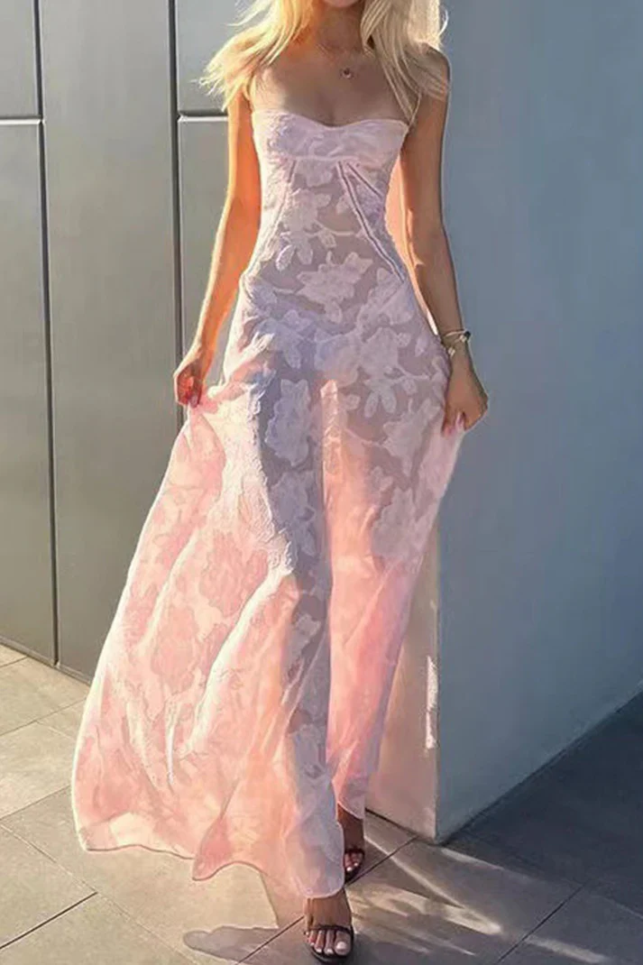A Line Spaghetti Straps Floral Pink Lace Sleeveless Evening Prom Dresses