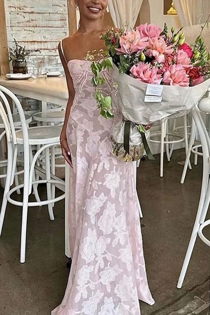 A Line Spaghetti Straps Floral Pink Lace Sleeveless Evening Prom Dresses