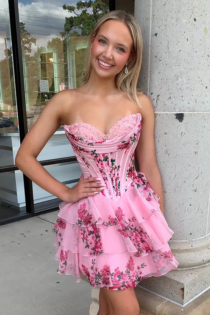 A Line Sweetheart Floral Print Ruffles Corset Homecoming Dresses