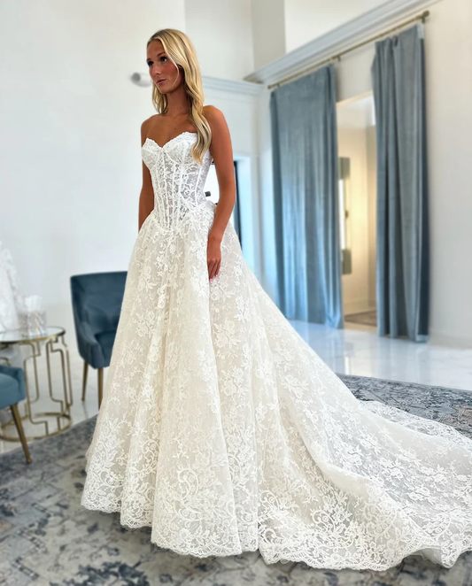 A Line Sweetheart Lace Plus Size Bohemian Wedding Dresses for Bride