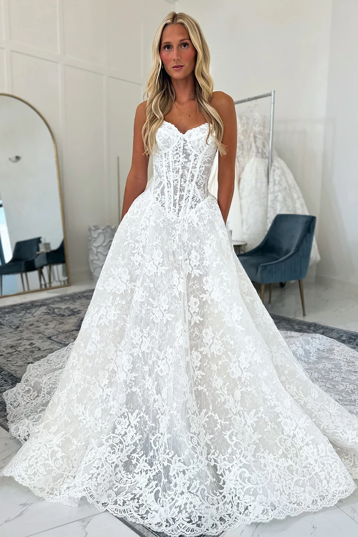 A Line Sweetheart Lace Plus Size Bohemian Wedding Dresses for Bride