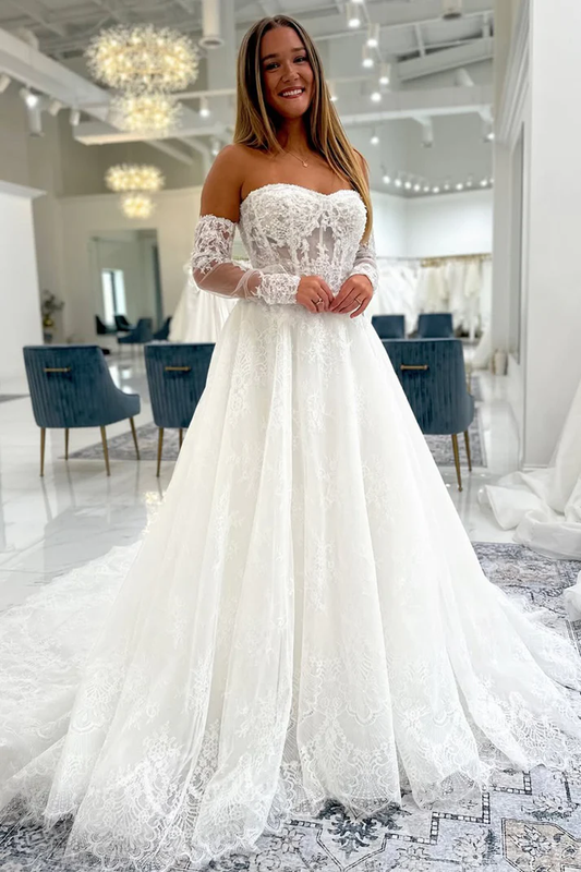 A Line Sweetheart Tulle Lace Appliqued Beach Wedding Dresses for Bride