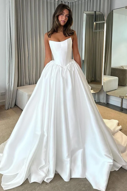 A Line Sweetheart White Satin Bridal Wedding Dresses with Long Train