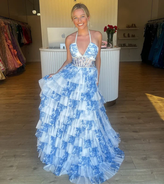 A Line Tulle Floral Print Prom Dresses V Neck Evening Gowns with Ruffles