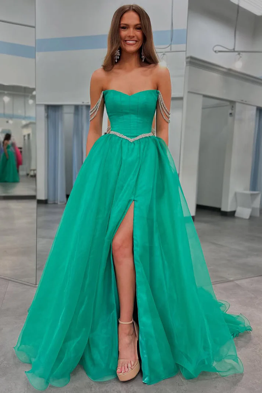 A Line Tulle Prom Dresses Long Off Shoulder Sequin Beaded Evening Gowns
