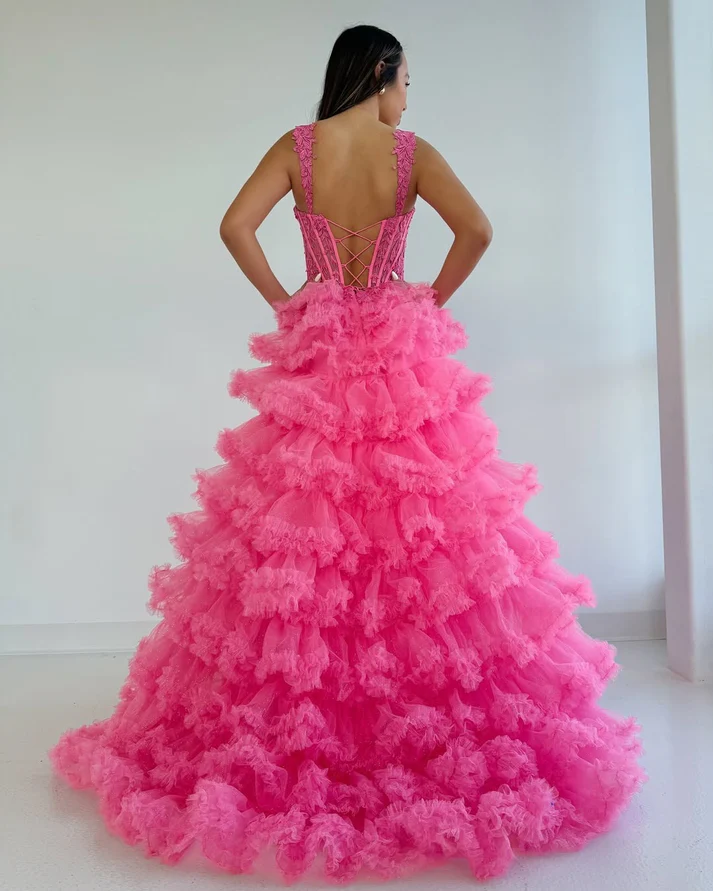 A Line Tulle Ruffles Prom Dresses Sweetheart Corset Evening Gowns with Slit