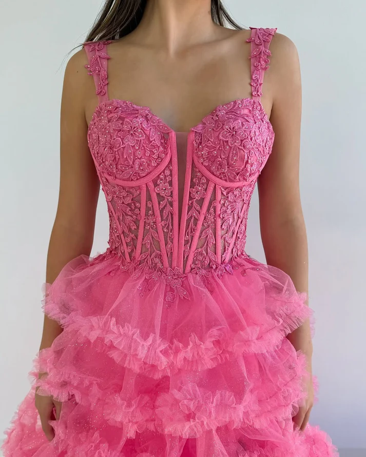 A Line Tulle Ruffles Prom Dresses Sweetheart Corset Evening Gowns with Slit