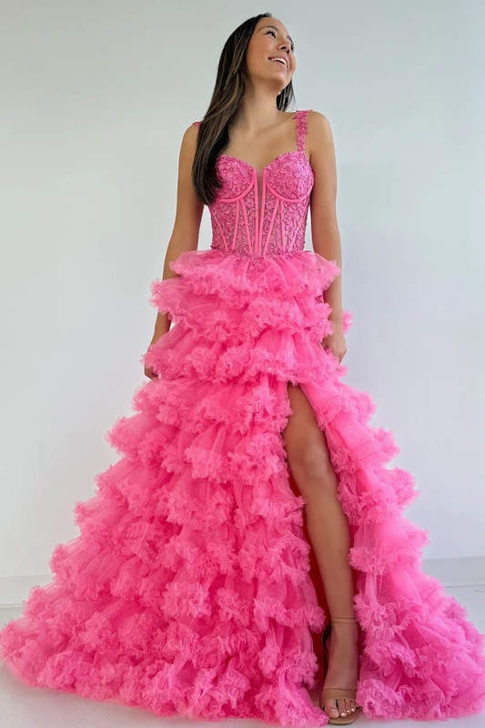 A Line Tulle Ruffles Prom Dresses Sweetheart Corset Evening Gowns with Slit