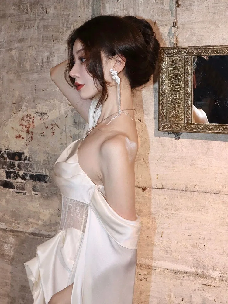 Adult Ceremony Dress Light Luxury Toast White Satin Prom Dress