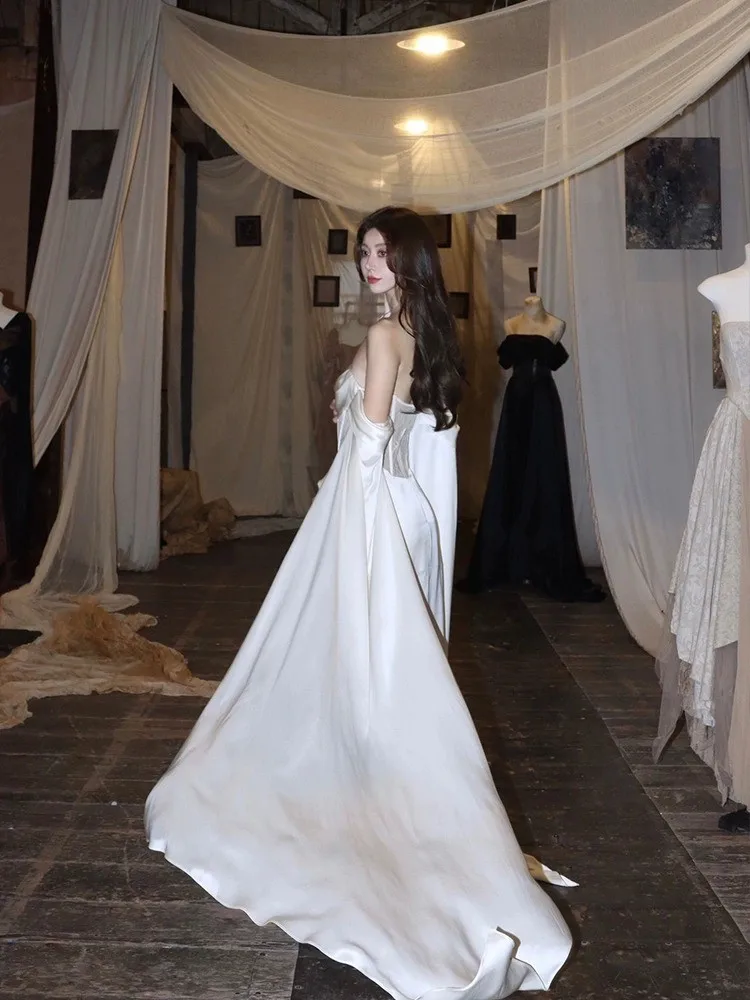 Adult Ceremony Dress Light Luxury Toast White Satin Prom Dress