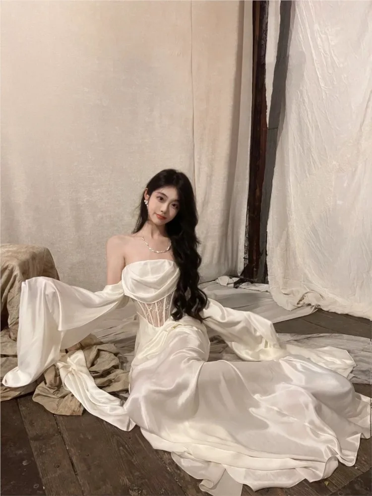 Adult Ceremony Dress Light Luxury Toast White Satin Prom Dress