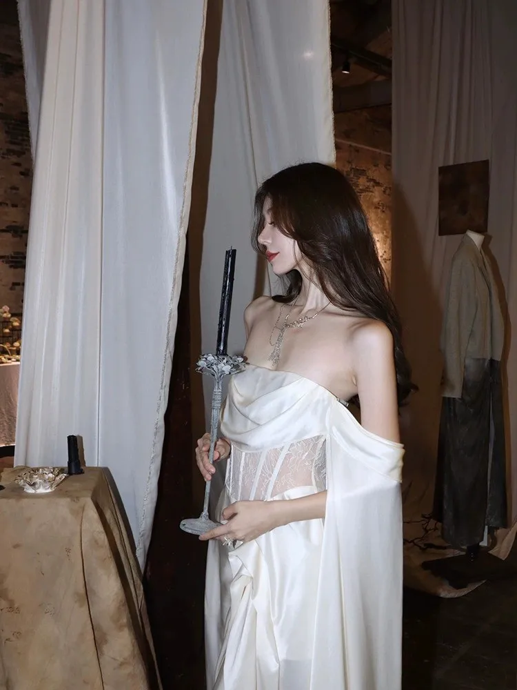 Adult Ceremony Dress Light Luxury Toast White Satin Prom Dress