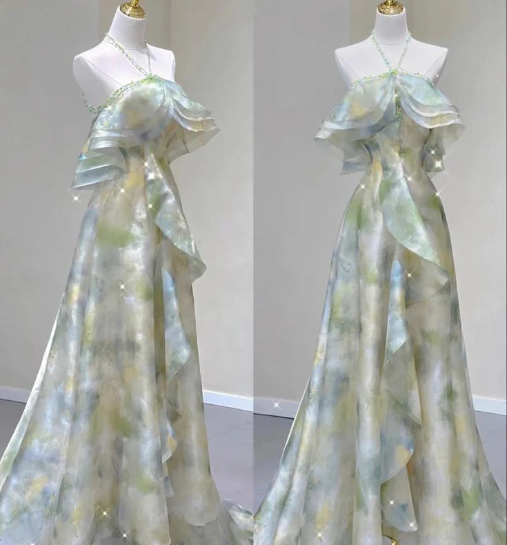 A line Off The Shoulder Halter Green Floral Long Party Dress Prom Dresses