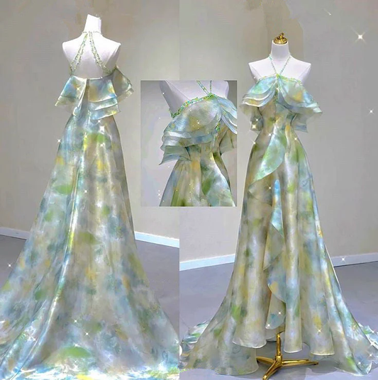 A line Off The Shoulder Halter Green Floral Long Party Dress Prom Dresses