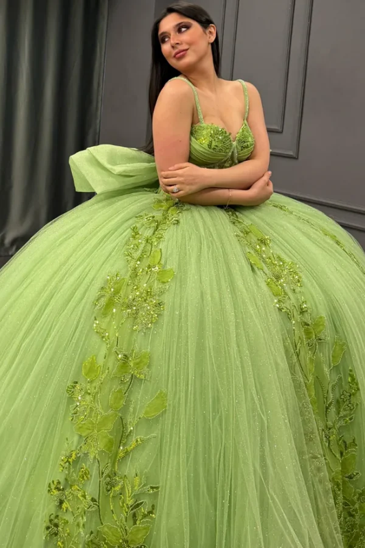Ball Gown Strapless Spaghetti Straps Sleeveless Sequins Beaded Appliques Pleated Big Bow Knot Green Tulle Quinceanera Dress Birthday Party Dress