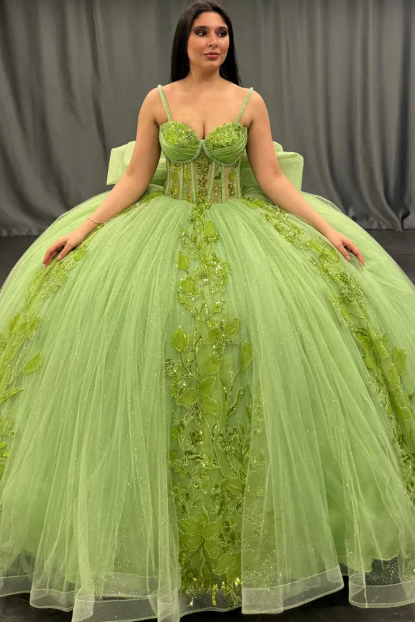 Ball Gown Strapless Spaghetti Straps Sleeveless Sequins Beaded Appliques Pleated Big Bow Knot Green Tulle Quinceanera Dress Birthday Party Dress