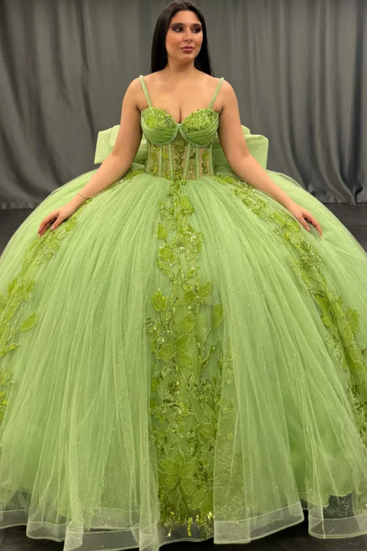 Ball Gown Strapless Spaghetti Straps Sleeveless Sequins Beaded Appliques Pleated Big Bow Knot Green Tulle Quinceanera Dress Birthday Party Dress
