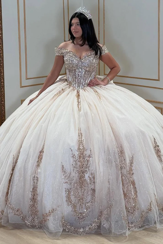 Ball Gown Off Shoulder Champagne Lace Appliqued Quinceanera Dresses with Bowknot