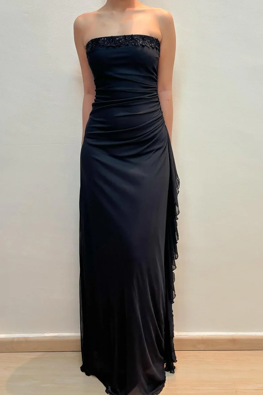 Black A-Line Strapless Empire-Waist Pleats Appliques Long Prom Dress