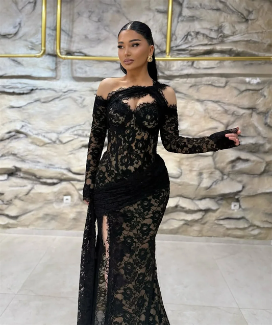 Black Lace Embroidery Prom Dresses Customized Sheath Long Sleeve Evening Dresses Cathedral Train