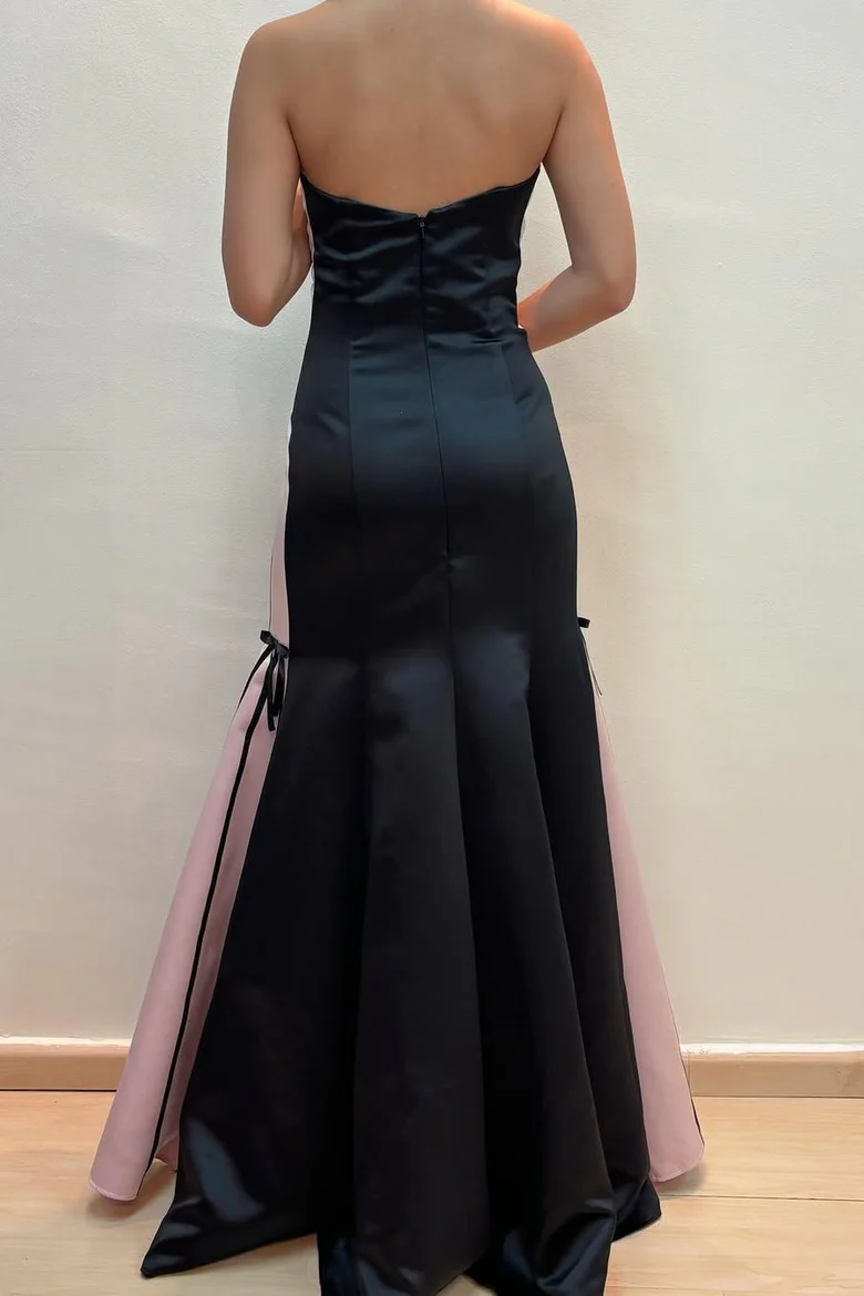 Black Strapless Sleeveless A-Line Scoop Satin Long Prom Formal Dress