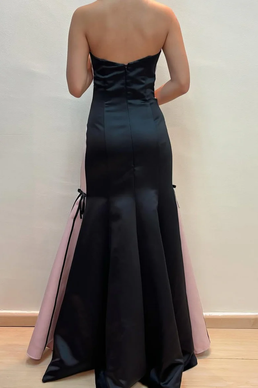 Black Strapless Sleeveless A-Line Scoop Satin Long Prom Formal Dress