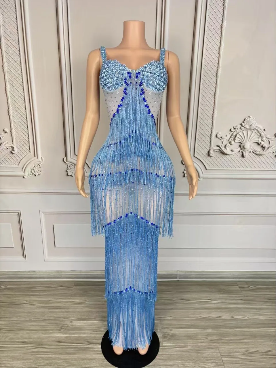 Blue Diamond Rhinestones Birthday Dress Women Celebrate Evening Gown Stage Catwalk Festival Outfit Ballroom Party Dresses