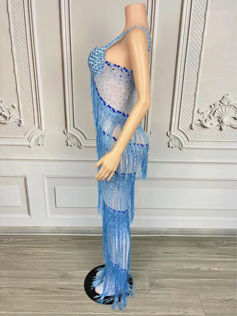 Blue Diamond Rhinestones Birthday Dress Women Celebrate Evening Gown Stage Catwalk Festival Outfit Ballroom Party Dresses