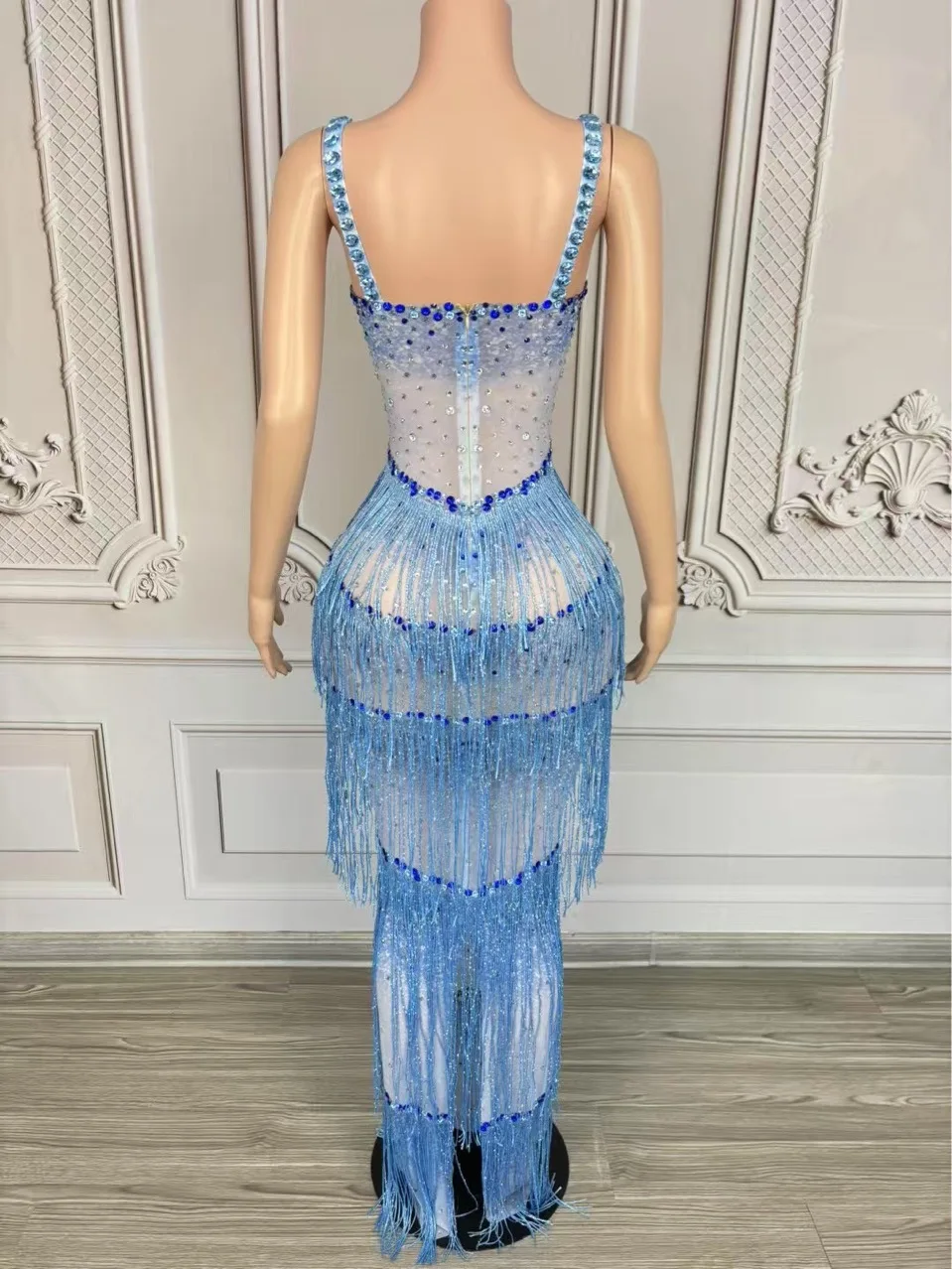 Blue Diamond Rhinestones Birthday Dress Women Celebrate Evening Gown Stage Catwalk Festival Outfit Ballroom Party Dresses
