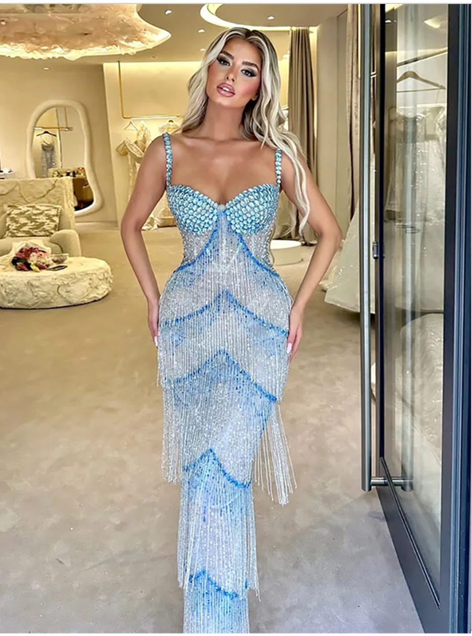 Blue Diamond Rhinestones Birthday Dress Women Celebrate Evening Gown Stage Catwalk Festival Outfit Ballroom Party Dresses